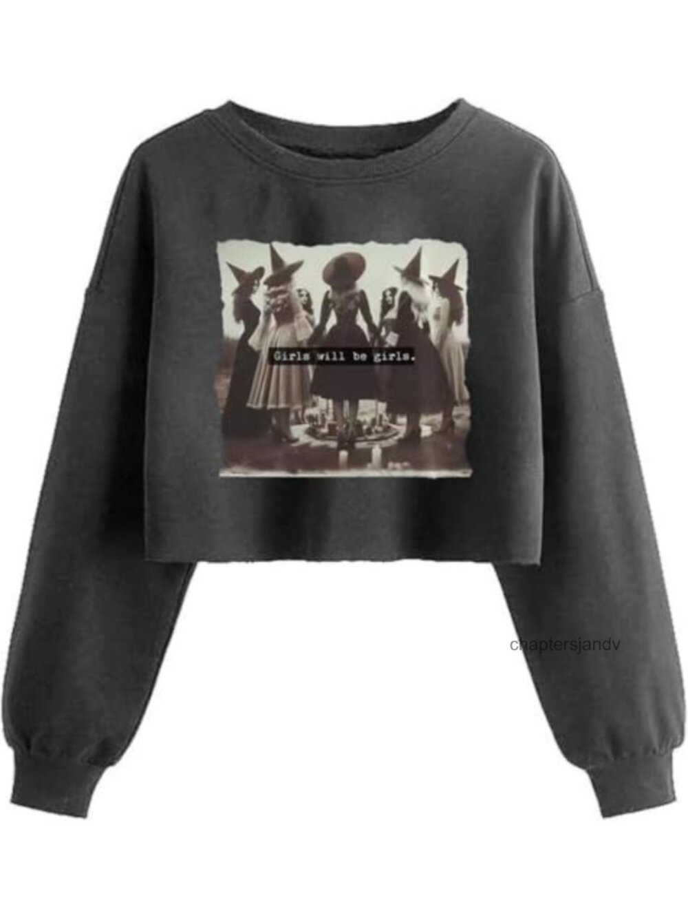 Witch Graphic Crop Sweatshirt Cotton Blend Halloween Pullover